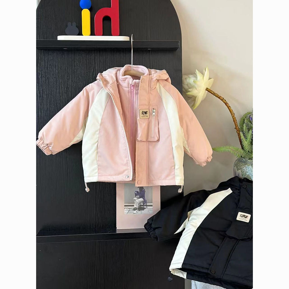 韩版童装2023秋冬儿童加厚外套洋气拼色立领连帽冲锋衣男女童棉服