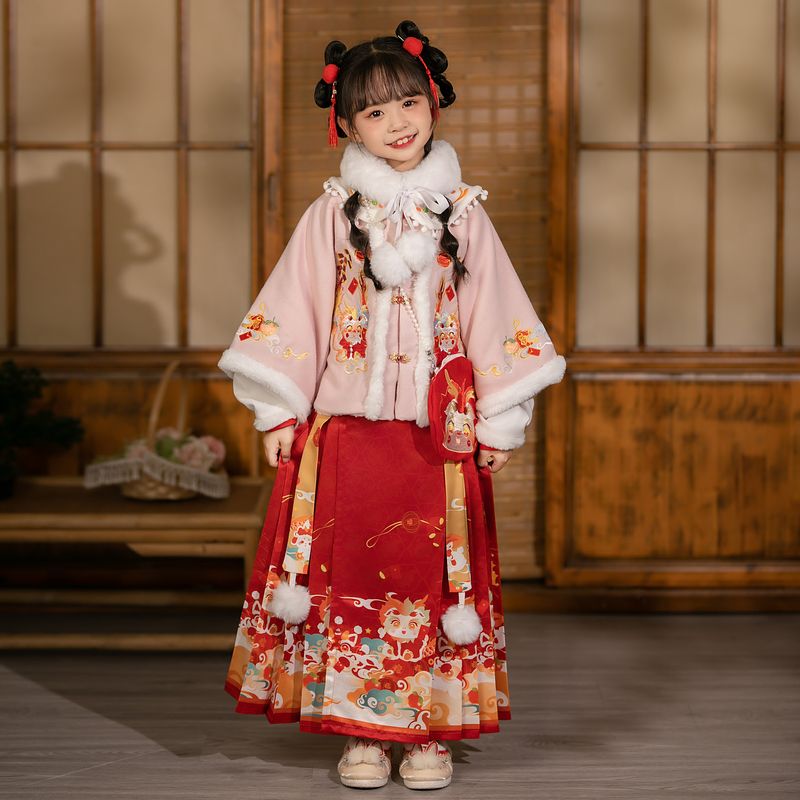 新款儿童冬季汉服女童加绒龙年红色拜年服唐装小女孩古风古装加厚