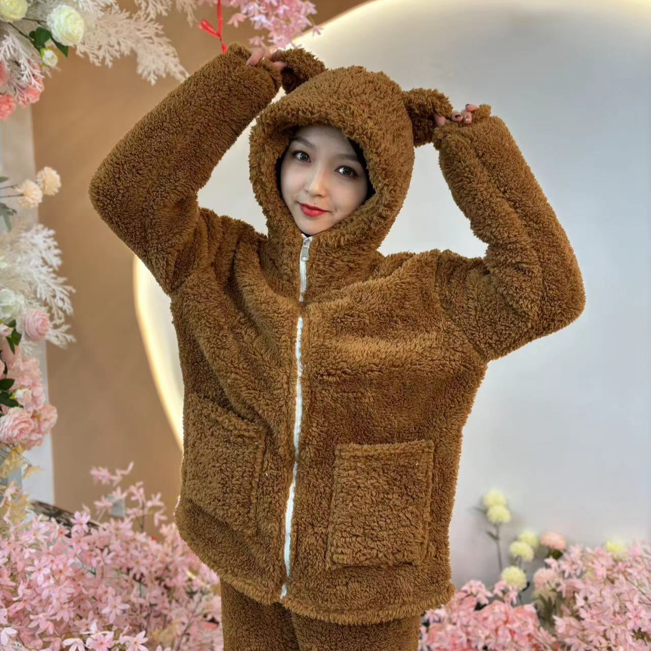 朱莉夫人2023年冬季卷毛泰迪绒泰迪熊加厚可外穿毛绒家居服套装