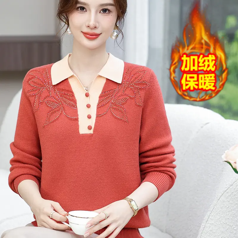 中老年女装翻领加绒加厚毛衣内搭保暖时尚妈妈装秋冬季打底衫上衣