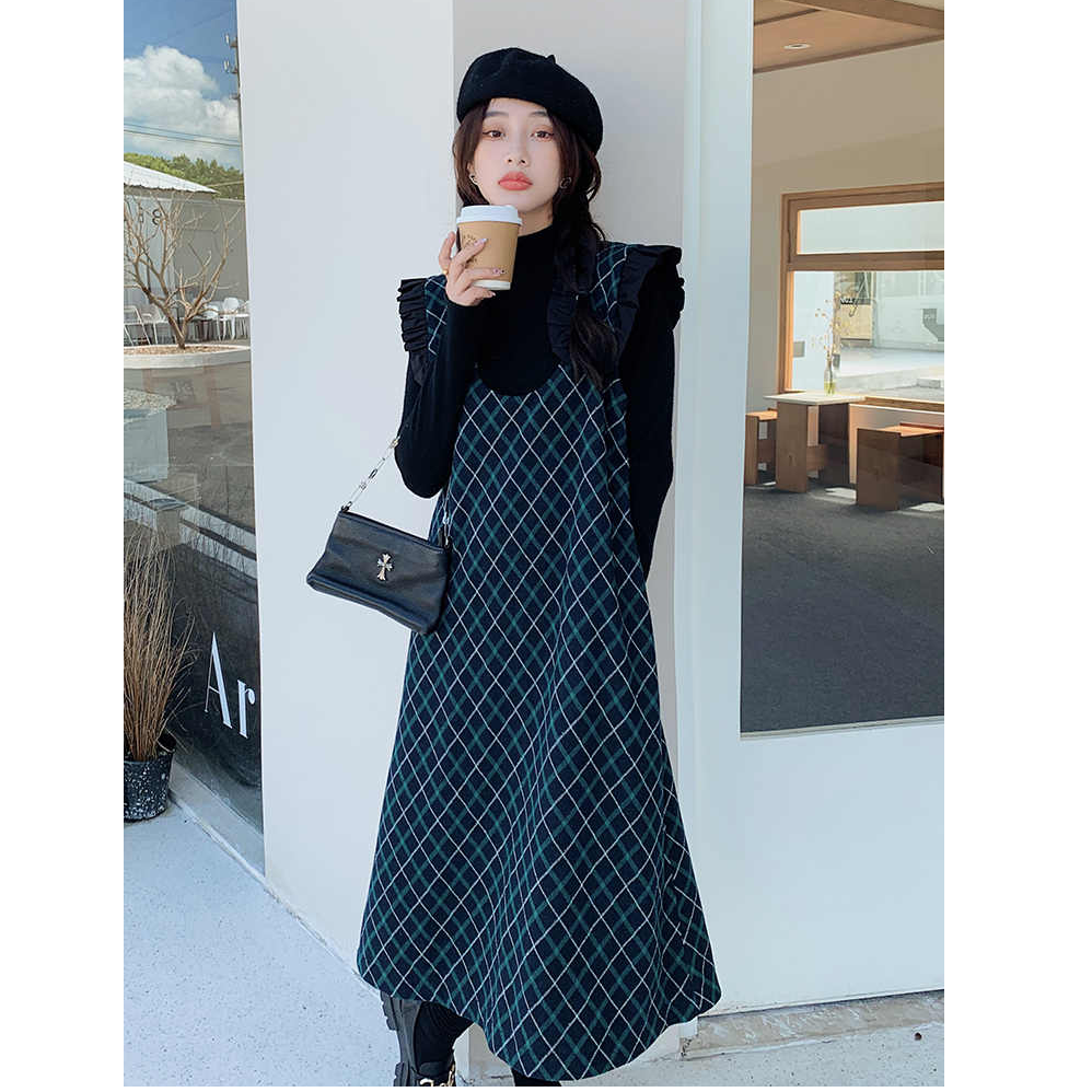 【格子木纹】设计感格子背心裙假两件女新款显瘦宽松背带连衣裙2024