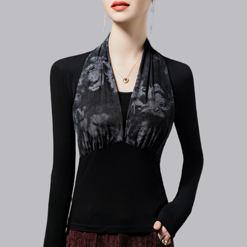 广场舞印花围巾领拼接女修身新款假两件长袖现代舞练功服