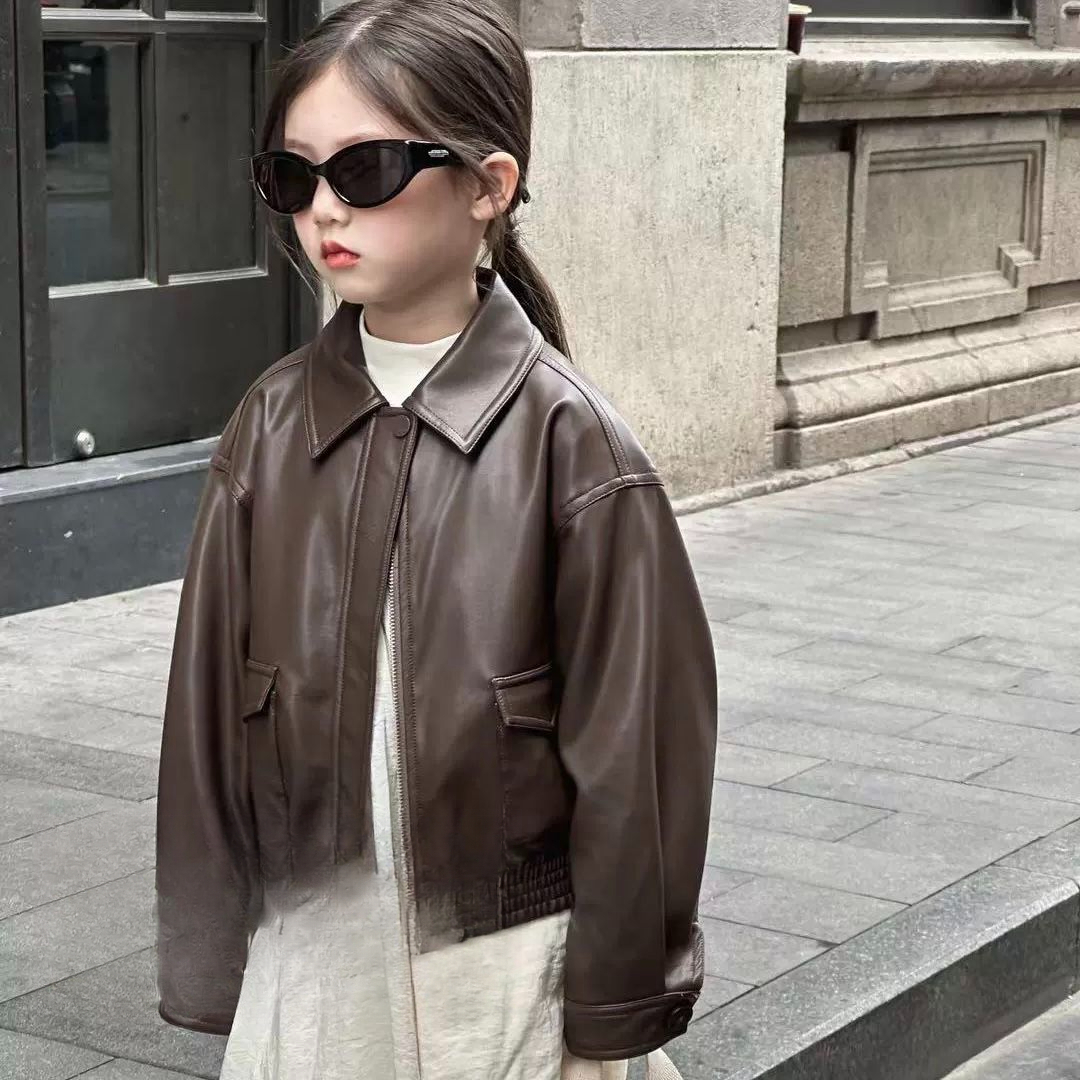 儿童秋装外装2023韩版秋复古pu皮衣加厚夹克衫短款男女童外套帅气