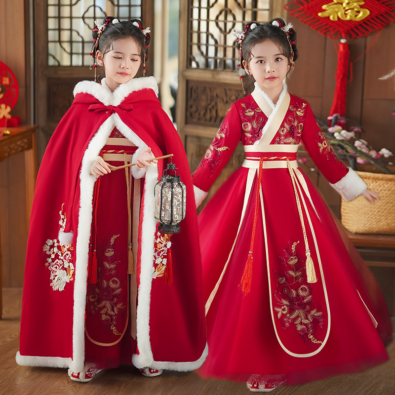 小女孩超仙古装冬季加厚女童汉服儿童唐装宝宝新年装中国风拜年服