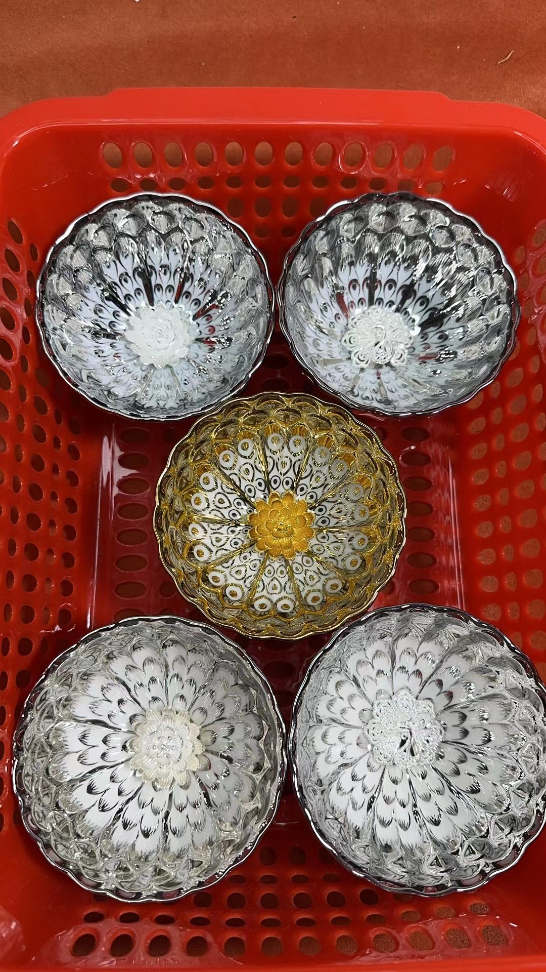 【五只装】金莲花全银莲花孔雀高端茶杯