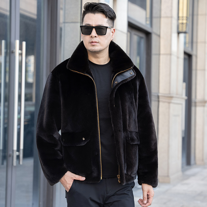 【宝嘉美本色BLACK色】落肩宽松版型男士水貂休闲立领轻奢皮草外套