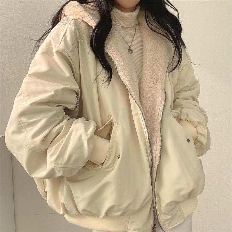 韩国加绒加厚两面穿仿羊羔毛棉服女装外套冬季新款拉链连帽衣上衣