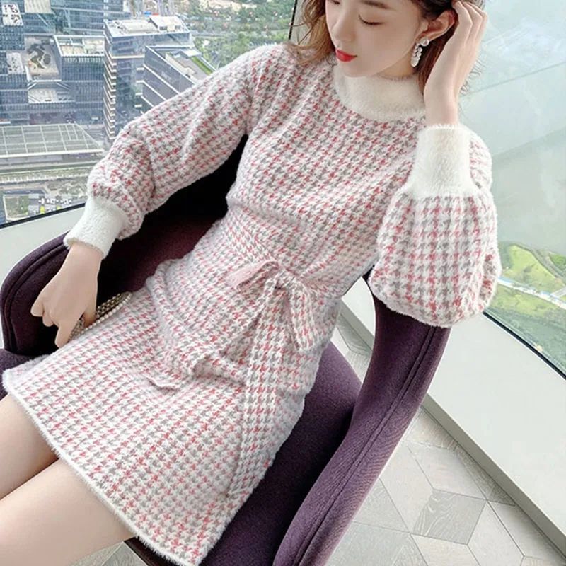 仿水貂绒加厚毛衣女新款秋冬小香风中长款半高领针织打底衫连衣裙