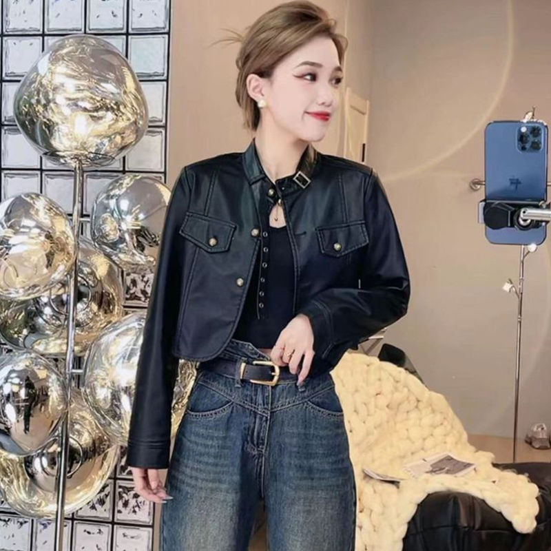 设计感港风短款外套夹克女2023秋冬新款小个子立领时尚机车服上衣