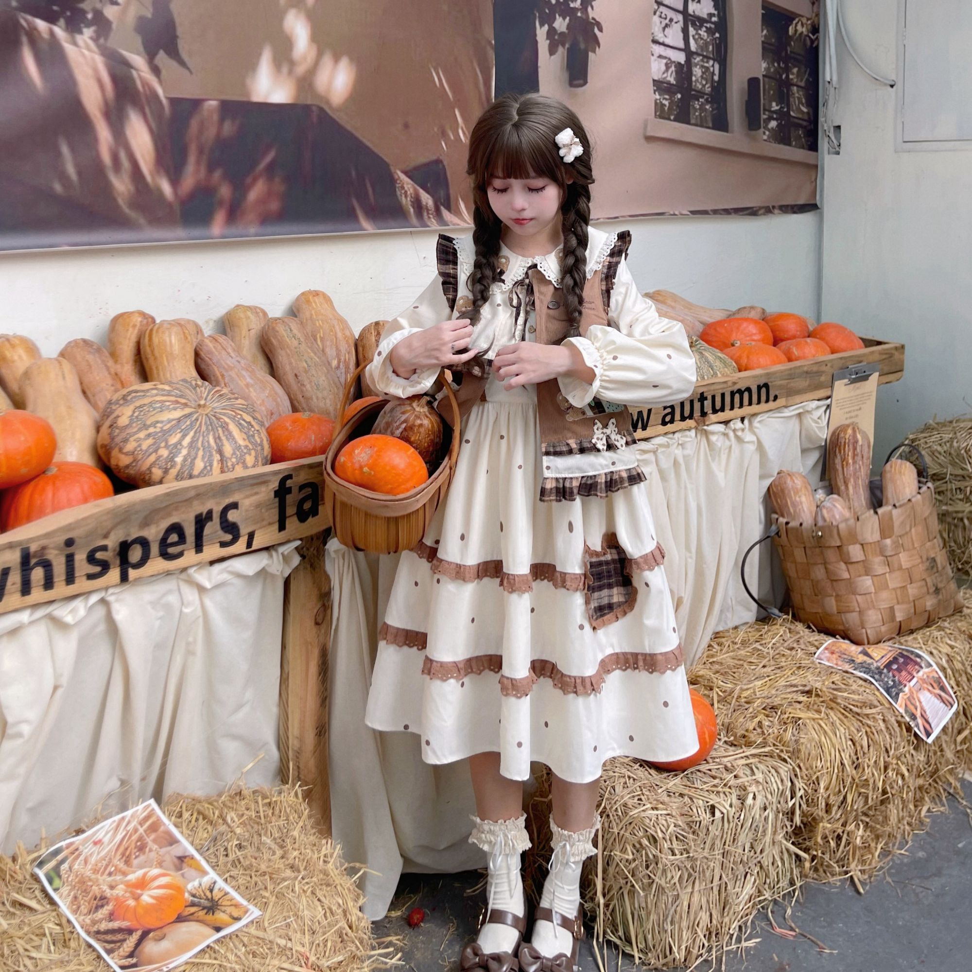 新品-秋日小熊-原创重工刺绣森女系童趣日系春秋连衣裙套装