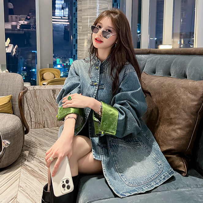 【新中式牛仔外套】秋新款明星国风玉盘扣立领牛仔服初春外套1827