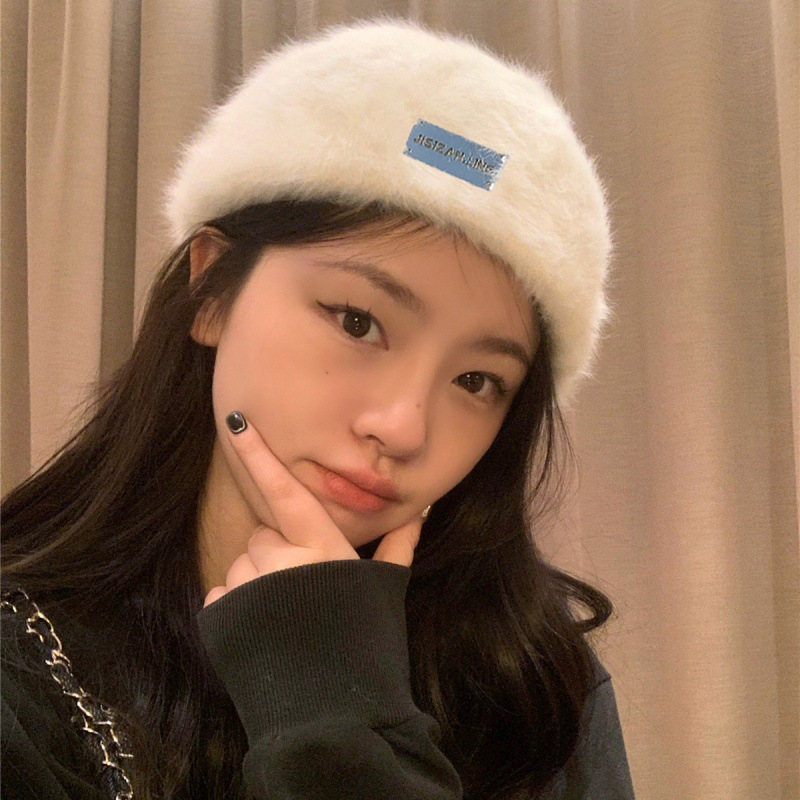 兔毛贴标贝雷帽女显脸小秋冬复古百搭两戴毛绒前进帽大头围画家帽