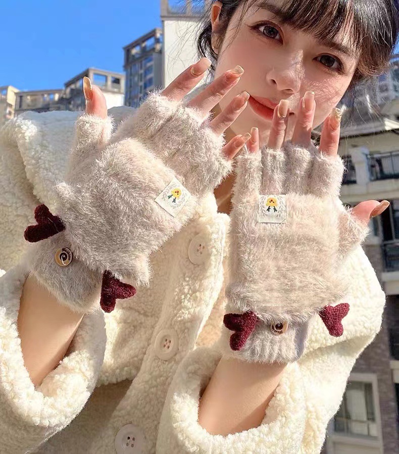 保暖手套秋冬季防寒加厚鹿角手套女冬天可爱学生写字半指翻盖韩版