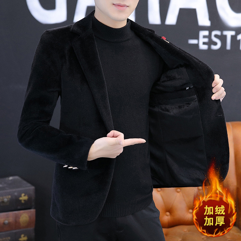 秋冬季新款加绒加厚西服水貂绒外套男韩版潮流帅气小西装男士