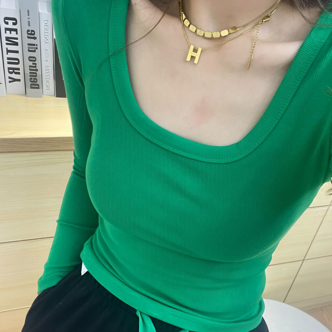 百搭显瘦弹力打底衫女长袖内搭秋冬u领T恤春秋款露锁骨上衣厚外穿