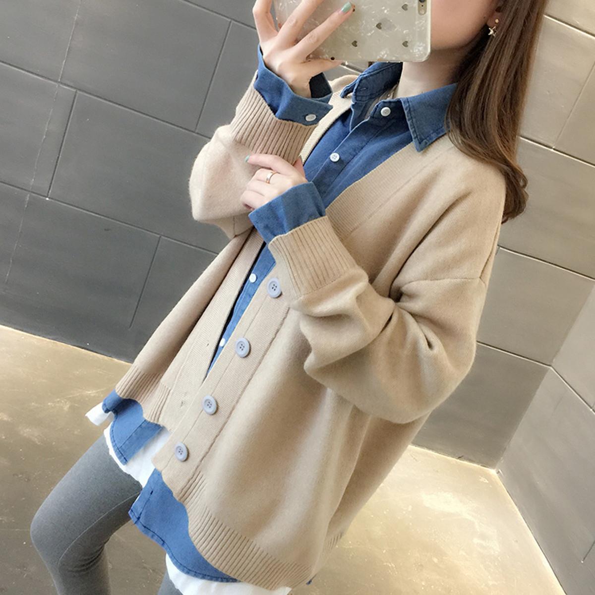 2021新款秋装牛仔拼接针织假两件开衫女宽松中长款慵懒风毛衣外套