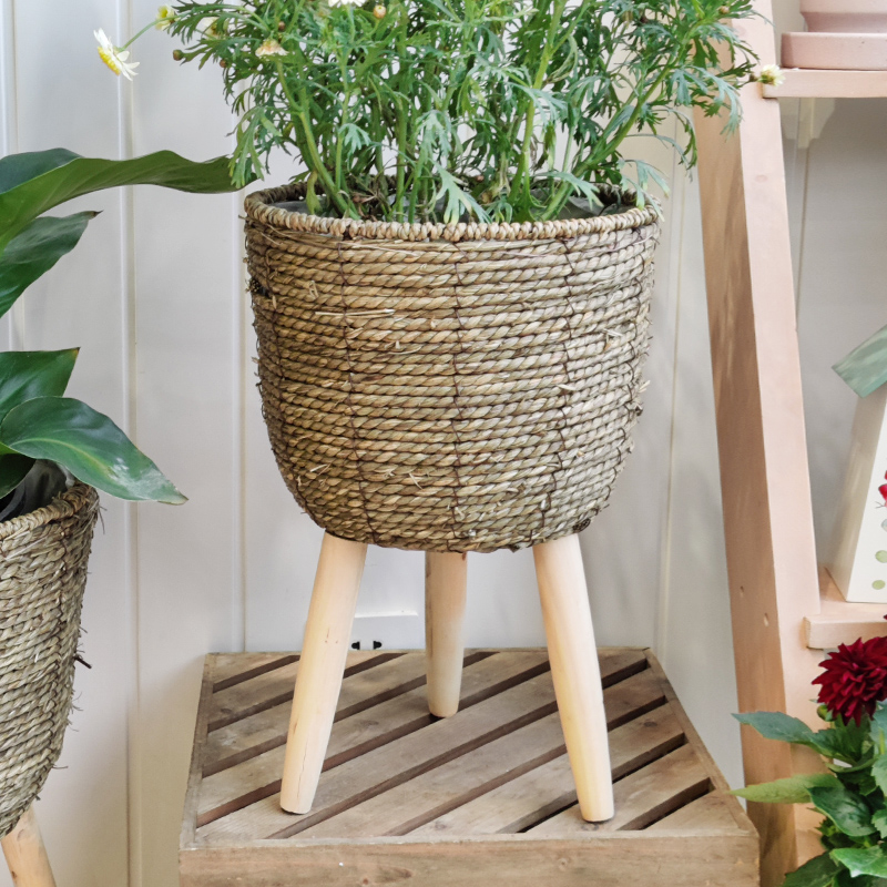 藤编田园创意海草编织底部收口花篮客厅园艺三脚木落地摆放花盆