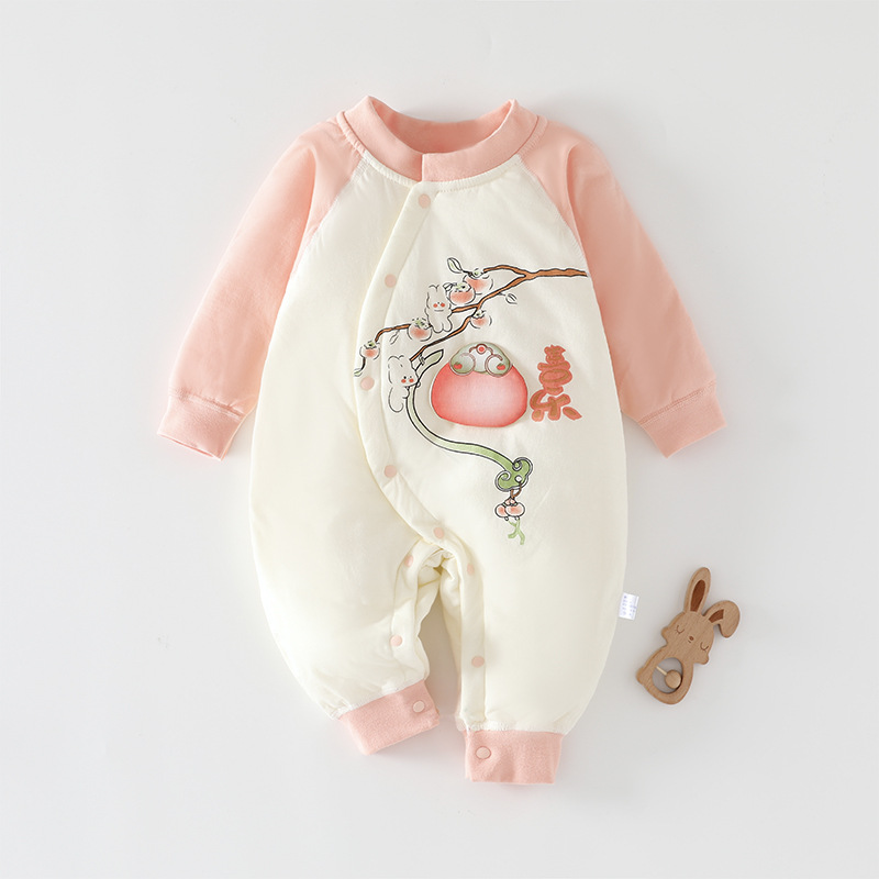 纯棉婴儿连体薄棉袄秋冬新生儿棉服0-12个月宝宝卡通偏襟护肚棉衣