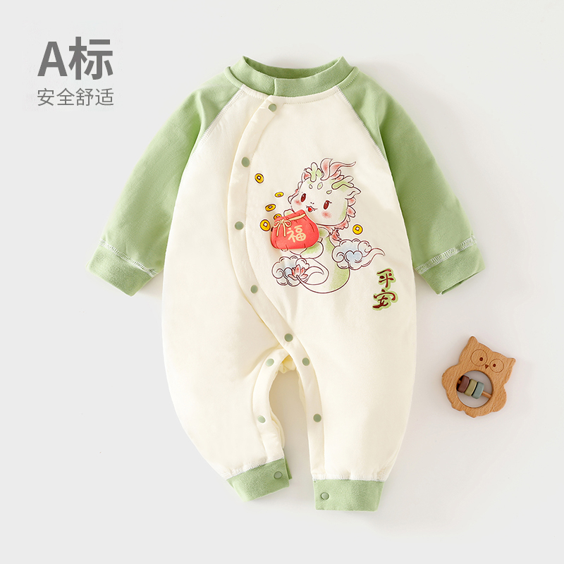 秋冬婴儿连体薄棉袄40g夹棉加厚新生儿棉服偏扣护肚宝宝棉衣外穿