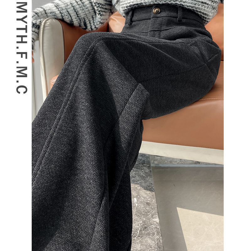 黑灰色加绒慵懒风松弛感糯米裤子女秋冬季宽松直筒窄版弯刀阔腿裤