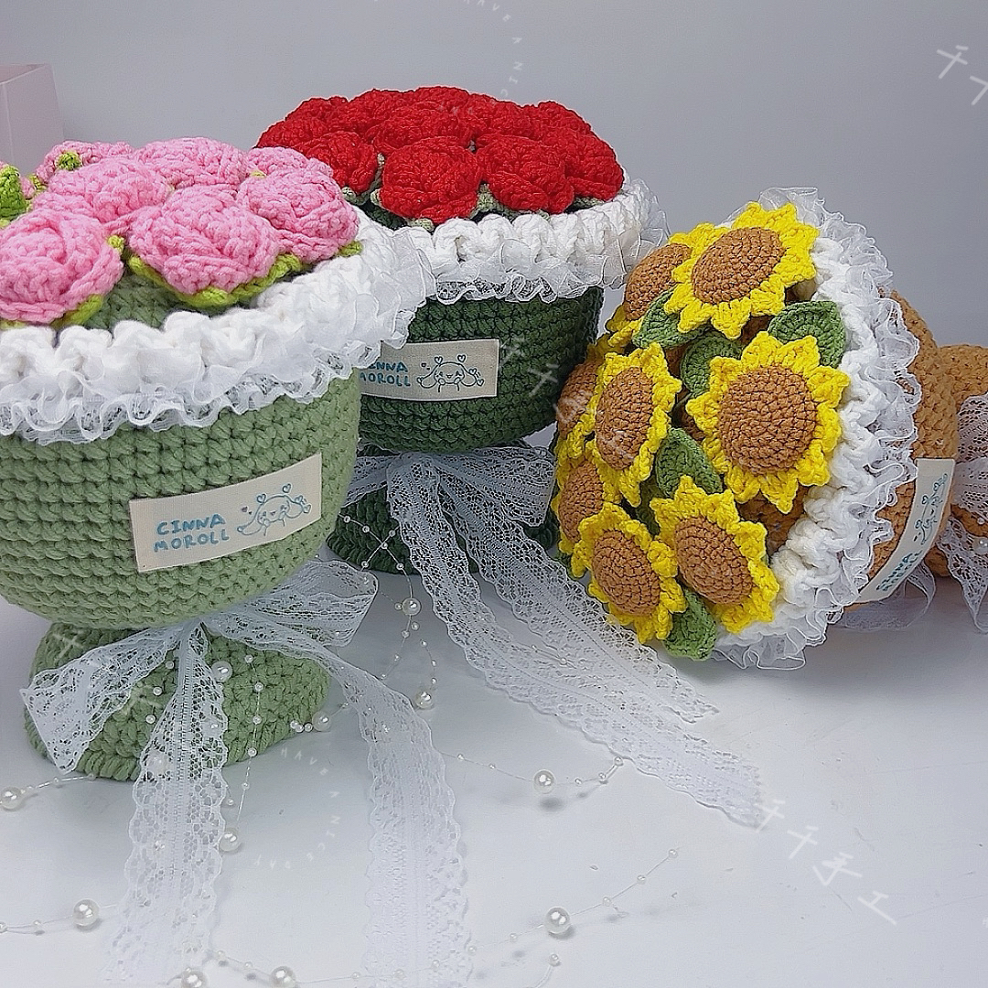 手工diy毛线钩织编织向日葵玫瑰花超大手捧花材料包（送视频教程）