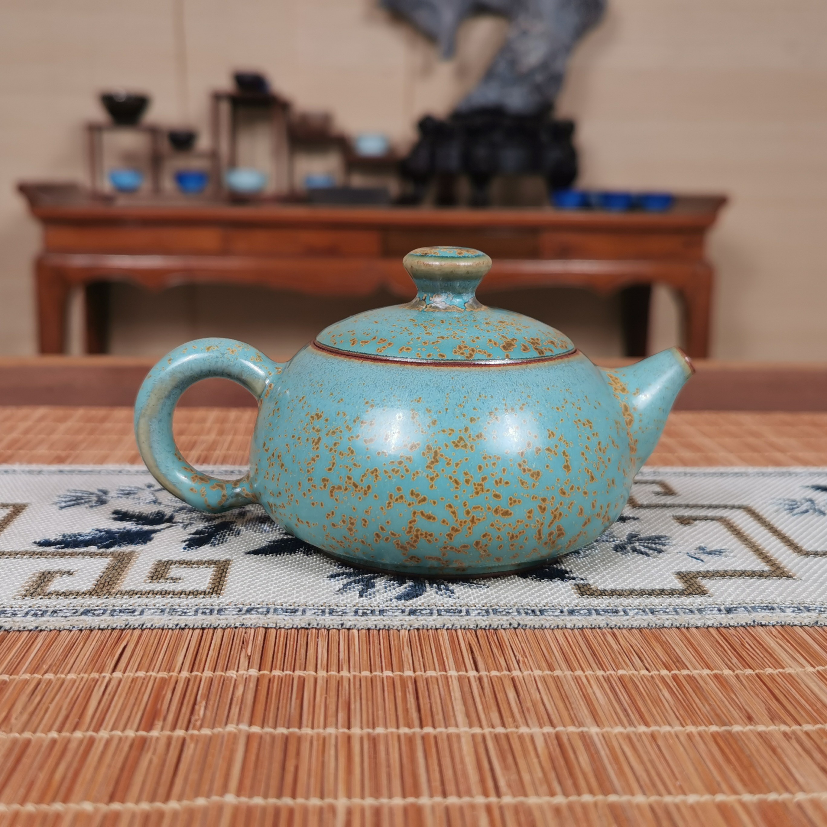 蓝洒金半月壶钧瓷 小西施壶 全手工纯矿釉茶壶茶器纯手工