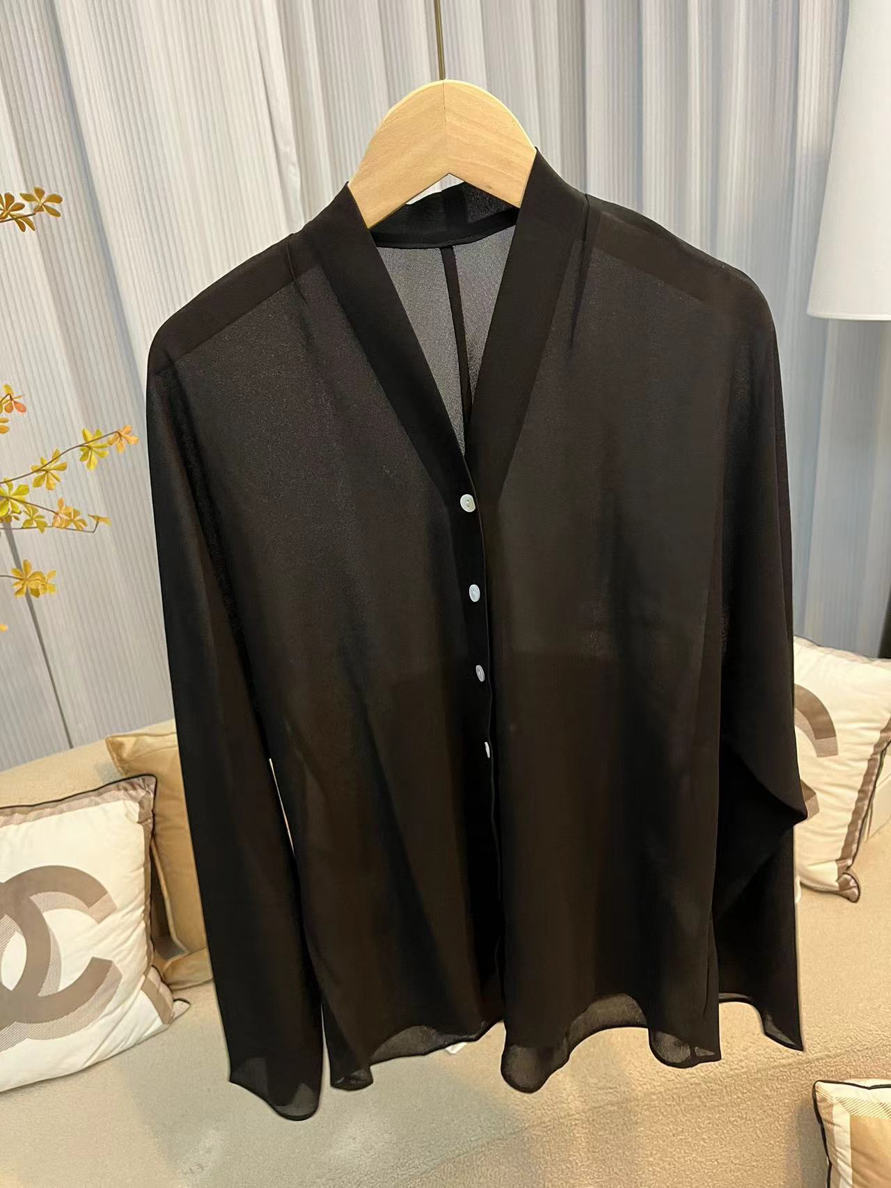 高端乔其纱女防晒开衫女士v领薄款微透衬衫