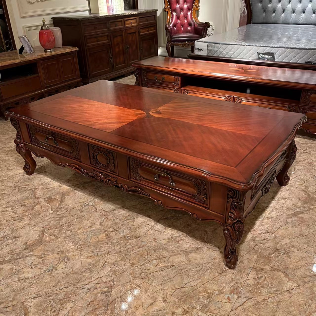 YM82茶几1800*1000*520      美式雕花客厅长方形落地家用       