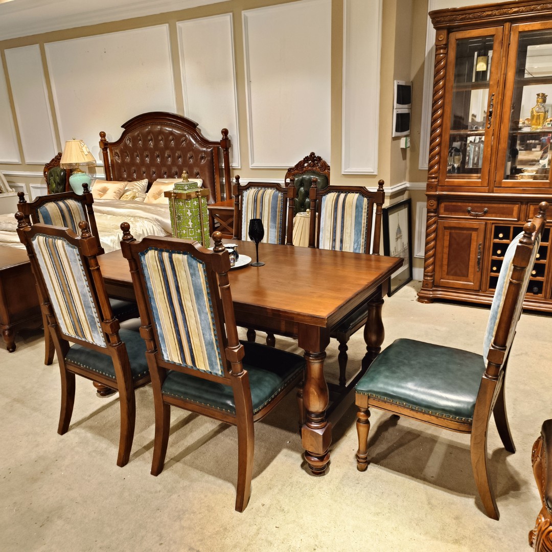 G01餐桌1550*900*760+餐椅530*550*1060（坐高44）美式做旧书椅    