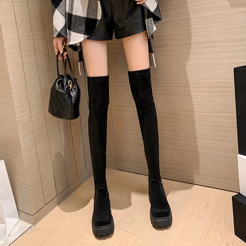 厚底过膝长靴女2023秋季显瘦绒面长筒靴贴腿大筒围粗腿胖mm高筒靴