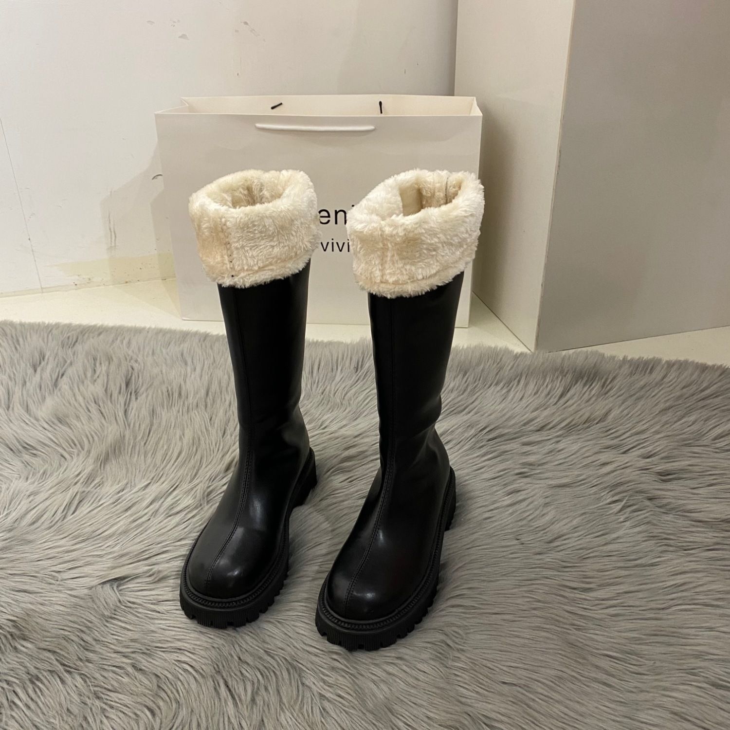 秋冬长筒靴棉~短筒靴女雪地靴不过膝厚底长靴粗跟加绒高筒骑士靴