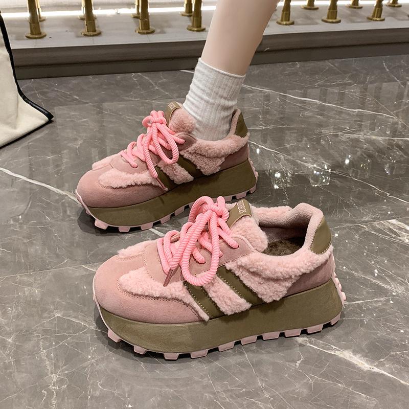 老爹鞋女2023新款百搭秋冬女鞋冬款加绒鞋子羊羔毛休闲运动阿甘鞋