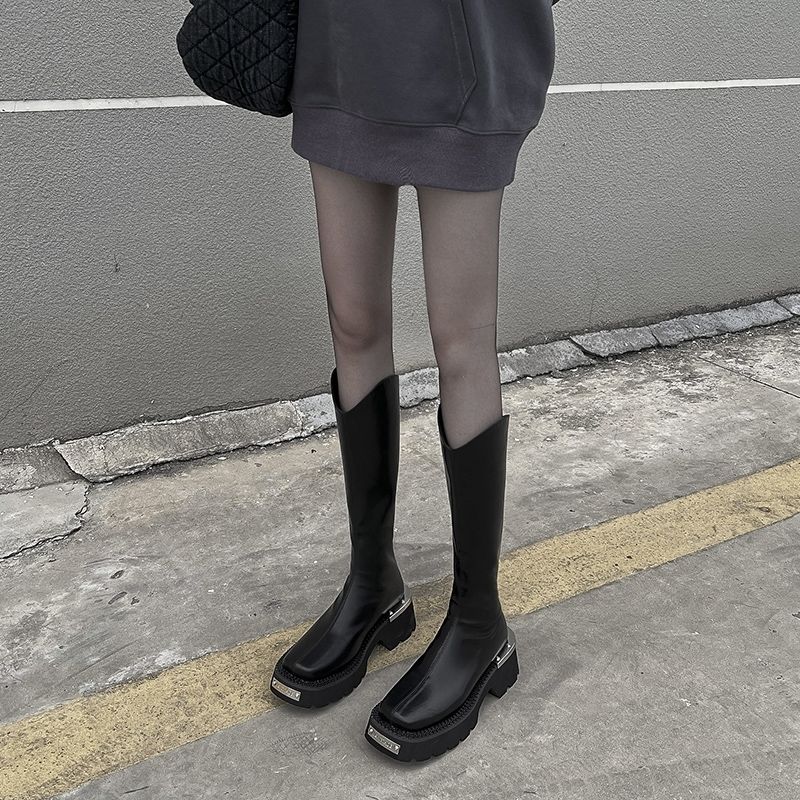 甜酷长筒靴女2022新款骑士靴丝袜厚底机车靴小个子V口长靴小众潮