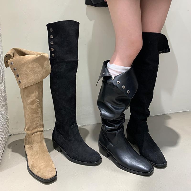 过膝长靴女粗跟2023年秋冬新款女靴欧美绒面靴子高筒靴圆头长筒靴