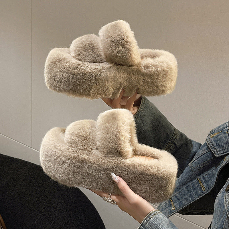 高跟7厘米毛毛拖鞋女外穿2023秋冬新款增高厚底一字拖家居棉拖鞋