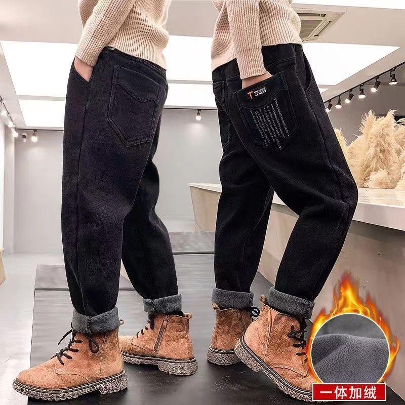 男童冬装牛仔裤2024新款儿童加裤子中大童男孩宽松长裤加厚秋冬