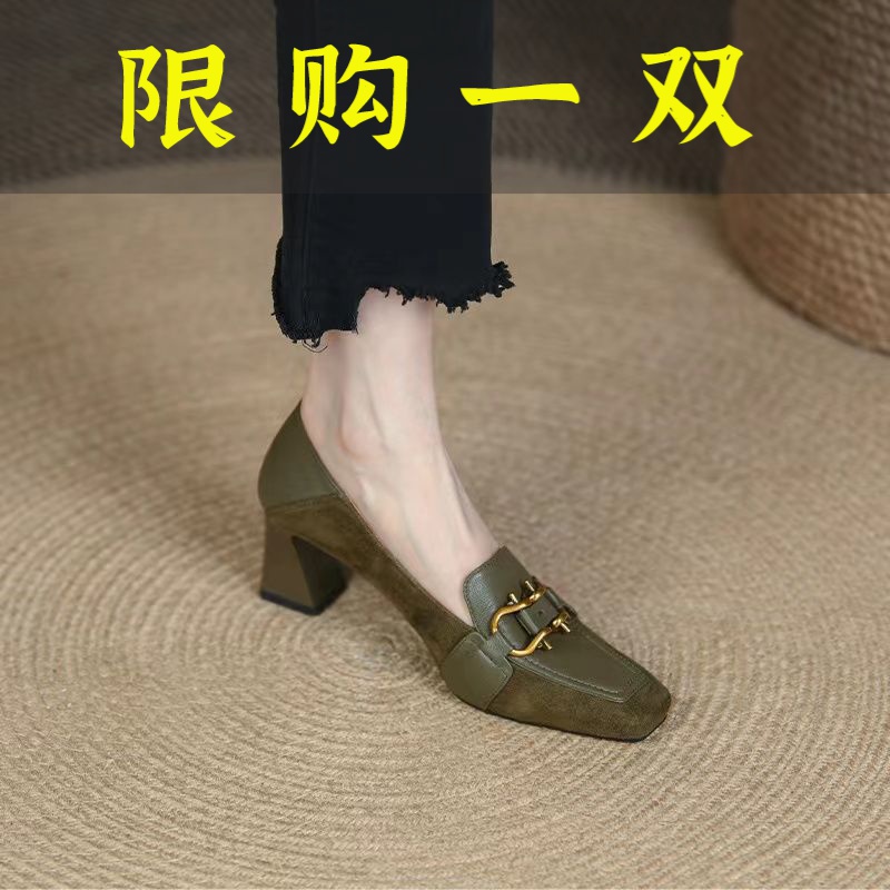 百丽纯爱法式复古高跟鞋女浅口2023年新款方头一脚蹬真皮粗跟绒