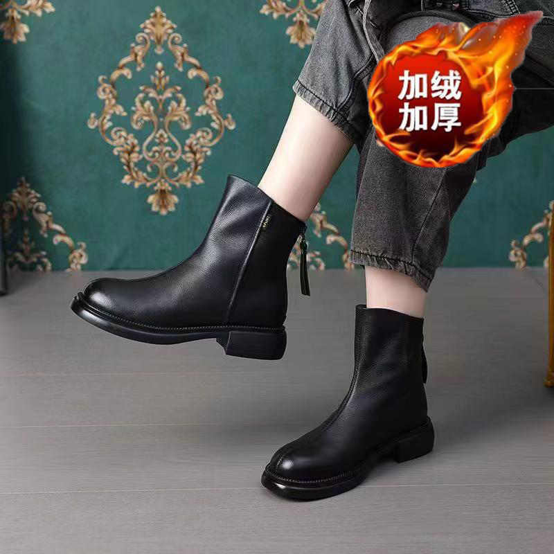 百丽纯爱马丁靴女后拉链复古短靴软底防滑高端女靴橡胶底显瘦百搭