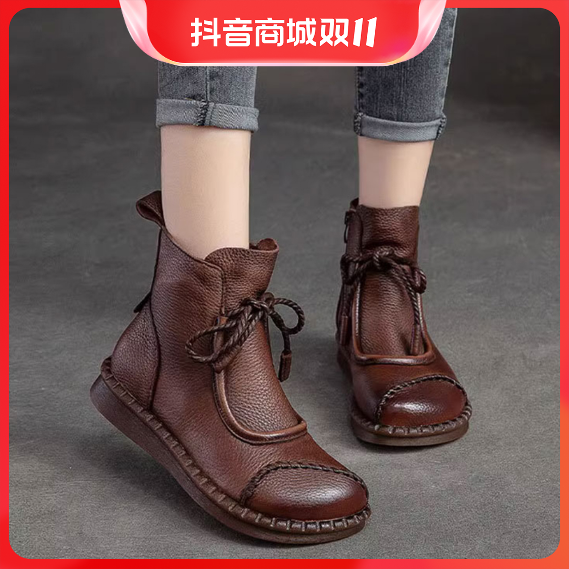 百丽纯爱牛筋软底加绒短靴复古时尚百搭马丁软底软面舒适40岁洋气