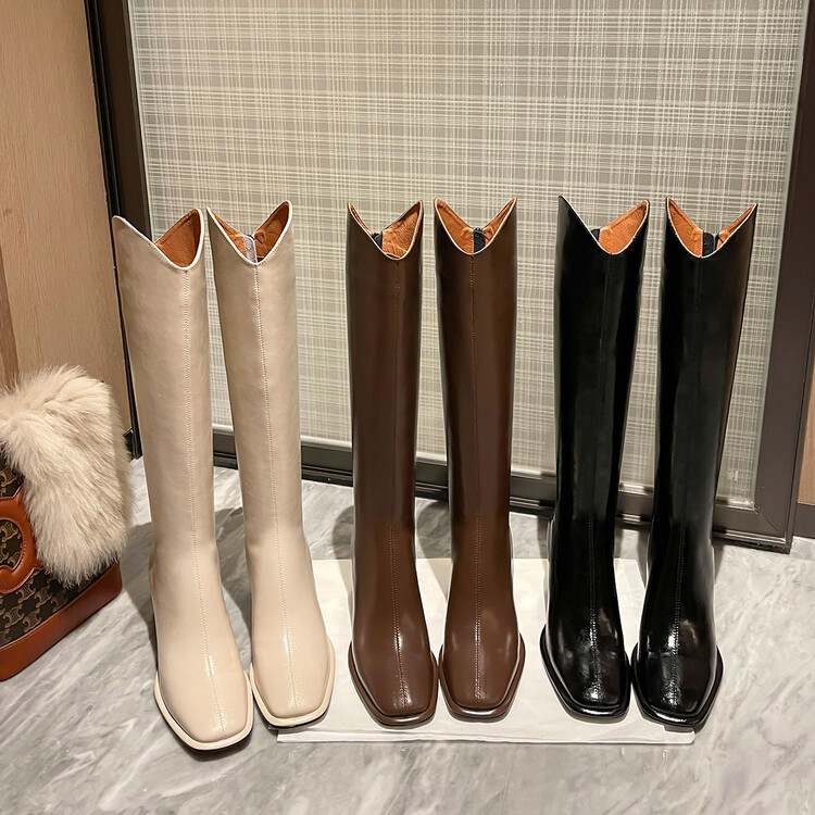 (w5053)  6cm真皮高跟显瘦V口长筒骑士靴