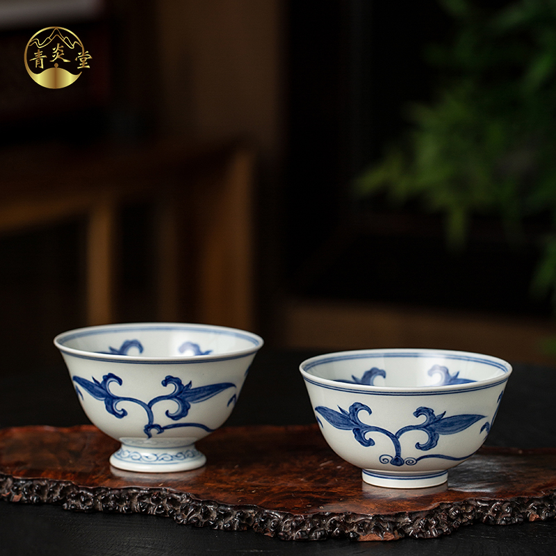 QINGYANTAN/青炎堂仿成化宫碗宝莲纹主人杯纯手工品茗杯陶瓷茶具