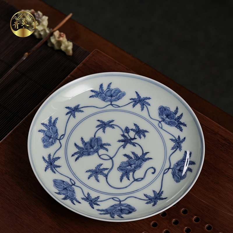 QINGYANTAN/青炎堂手工壶承茶盘手绘秋葵纹赏盘陶瓷壶托泡台壶垫