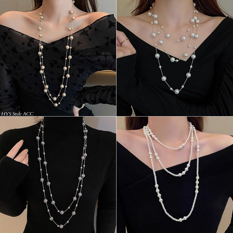 轻奢高级感精致珍珠款蛇链双层百搭毛衣链项链女ins风2024新款