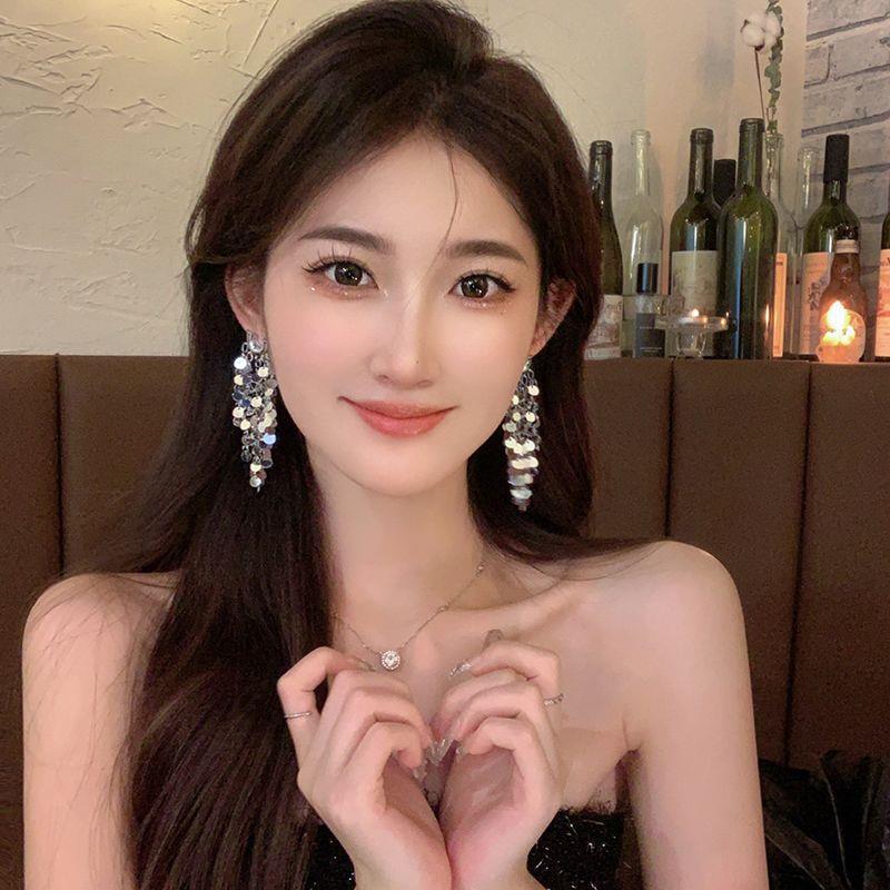 欧美亮片长款流苏耳环~复古轻奢大气鳞片闪亮重工网红耳饰女