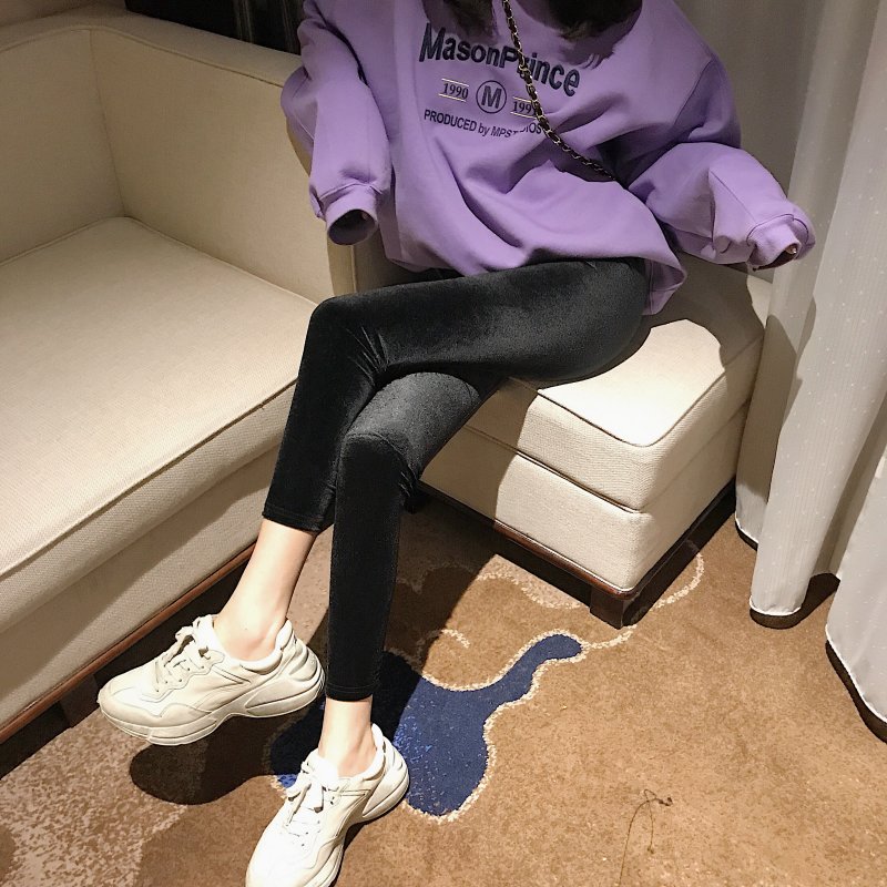 加绒金丝绒打底裤女外穿秋冬加长加厚高个子弹力修身小脚裤紧身裤