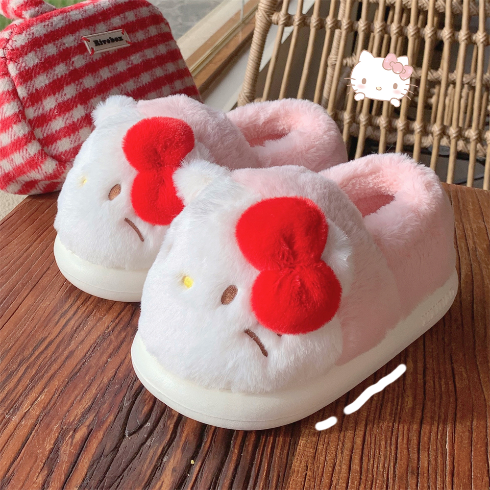 细细条 时尚百搭毛绒女士月子鞋ins趣味凯蒂猫软底防滑亲子棉拖鞋