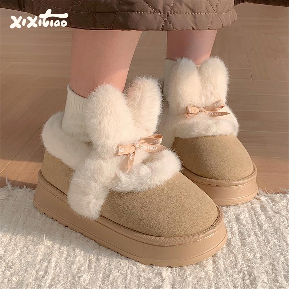 细细条 创意舒适厚底雪地靴女冬保暖百搭网红外穿可爱兔耳朵棉鞋