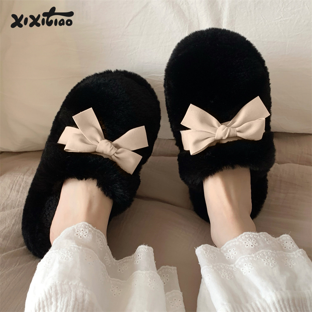 细细条 室内休闲防滑秋冬网红毛毛拖鞋韩系蝴蝶结仙女风棉拖鞋女