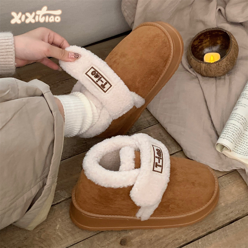 细细条 复古丑萌圆头棉鞋女冬季加绒保暖厚底雪地靴魔术贴面包鞋