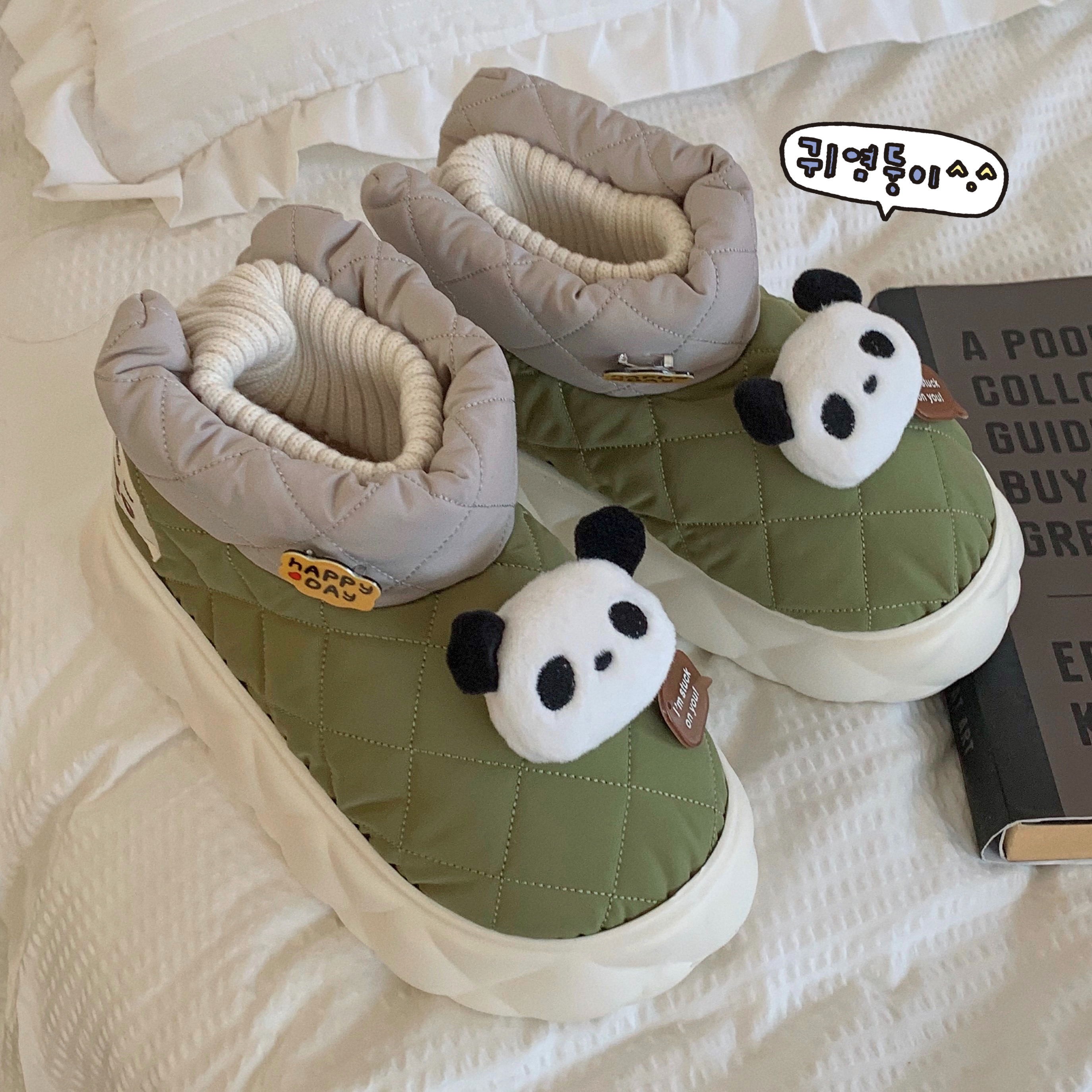 细细条 可爱熊猫情侣雪地靴冬季加厚百搭男女士外穿拼色防水棉鞋